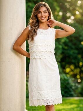 J. CREW Dress Eyelet Lace Tiered White Scalloped 100% Cotton G8475 $98